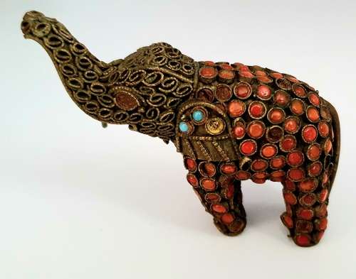 Vintage Brass Filigree Elephant Figurine ~ Coral and Turquoise Color Stones