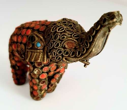 Vintage Brass Filigree Elephant Figurine ~ Coral and Turquoise Color Stones