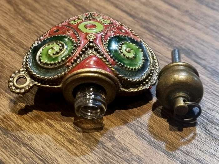 Heart Shaped Brass Filigree and Enamel Perfume Bottle