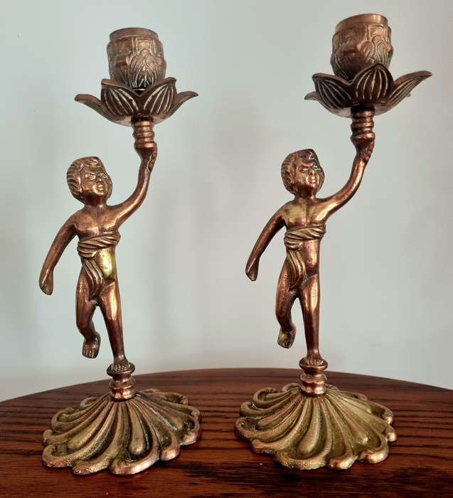 Pair of Brass Cherub Candlestick Holders