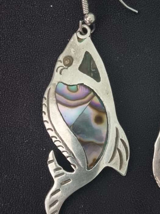 Mexico 925 MR Sterling Silver Dangle Abalone Inlay Earrings