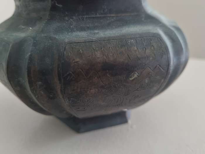 Old Metal Chinese Etched Engraved Detailed Drawings  Teapot / Kettle