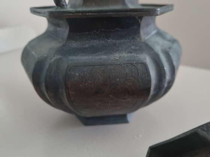Old Metal Chinese Etched Engraved Detailed Drawings  Teapot / Kettle