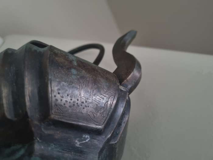 Old Metal Chinese Etched Engraved Detailed Drawings  Teapot / Kettle