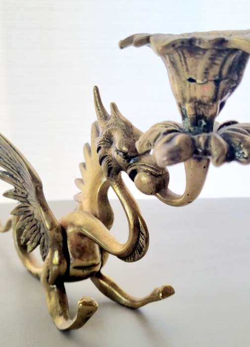 Antique Brass Dragon, Phoenix, Griffin, Winged Mythical Creature Candle Holder