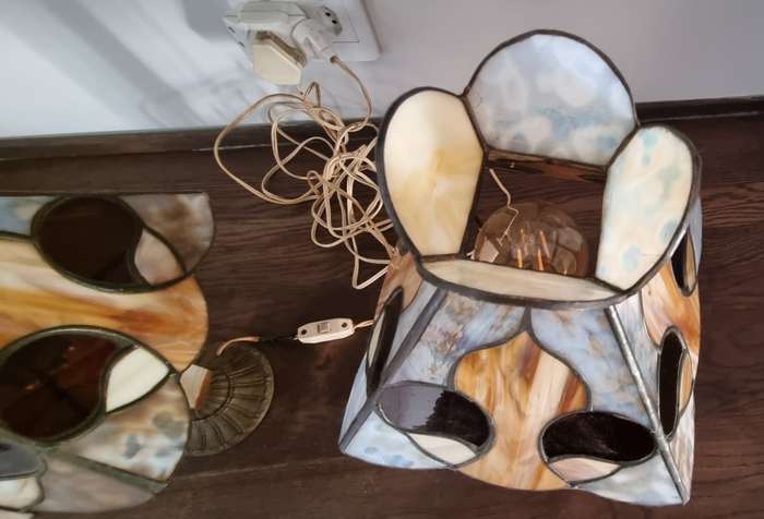 Pair of stained lead glass marble brass table lamp shades