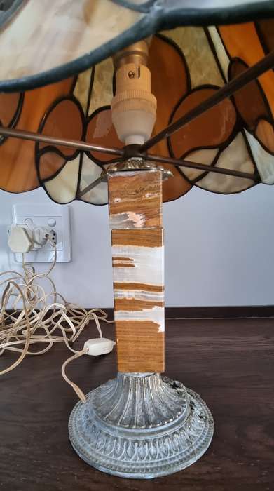 Pair of stained lead glass marble brass table lamp shades