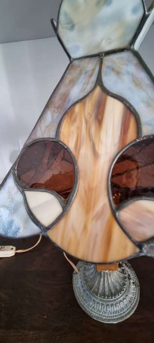 Pair of stained lead glass marble brass table lamp shades