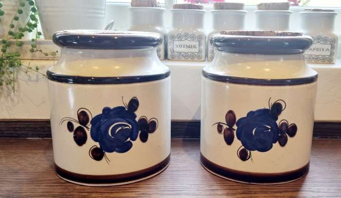 Pair of SMF Schramberg Handgrmalt Majolica German Art Pottery Blue Rose Cork Jars