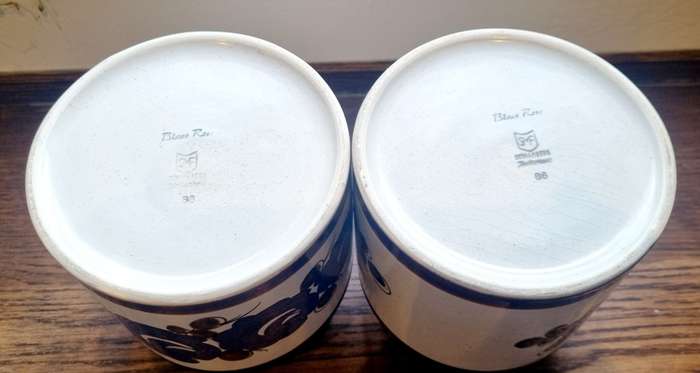 Pair of SMF Schramberg Handgrmalt Majolica German Art Pottery Blue Rose Cork Jars