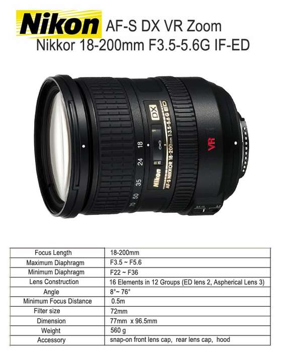 Nikon 18-200mm f/3.5-5.6G ED-IF AF-S DX VR Telephoto Zoom Lens for Nikon Digital