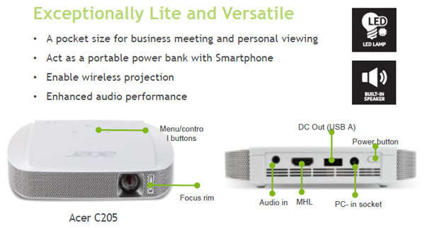 Acer C205 LED 200 Lumens Pico Projector - Demo complete in box