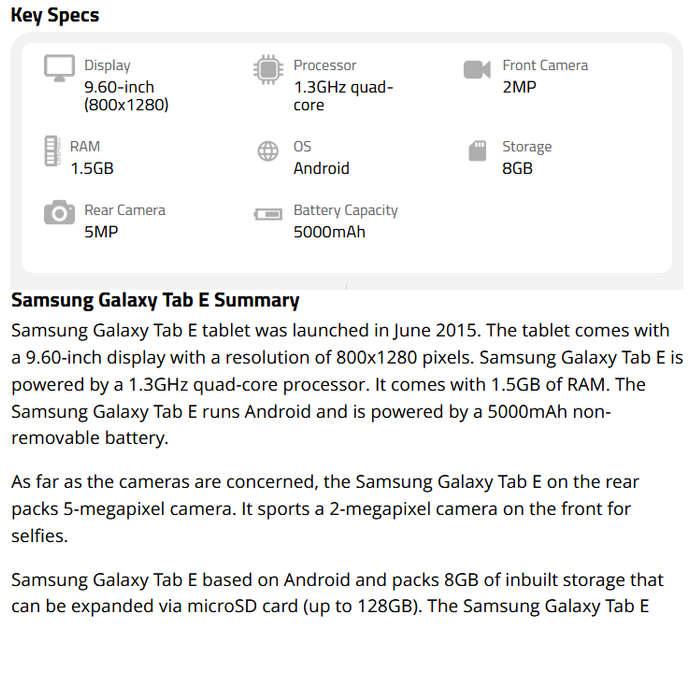 SAMSUNG GALAXY TAB E | WIFI | 8GB | BLACK | 9.6` | SM-T560 | 1200 x 800 Pixels
