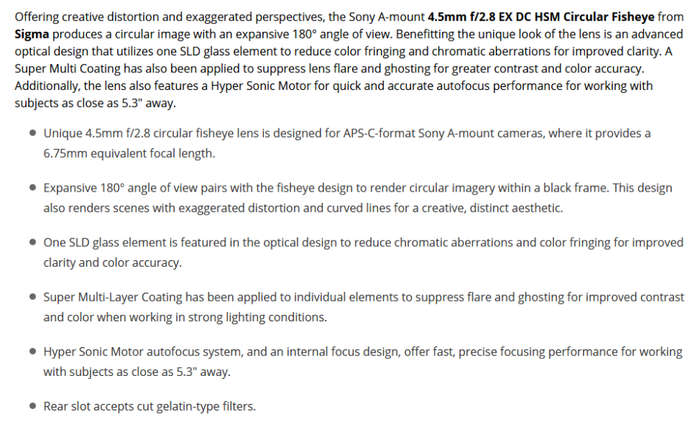 Sigma 4.5mm f/2.8 EX DC HSM Circular Fisheye Lens [SONY A-MOUNT]