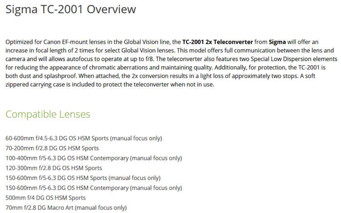 Sigma Teleconverter 2X TC-2001 for Canon DSLR (Works with Selective Lenses - Check compatibility)