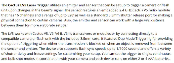 CACTUS LASER TRIGGER LV5 CAMERA REMOTE CONTROL