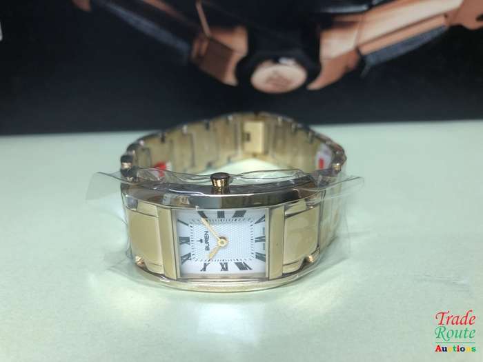 BUREN Gold Plated Ladies Watch - Rectangular Dial / White Face / Roman Markers