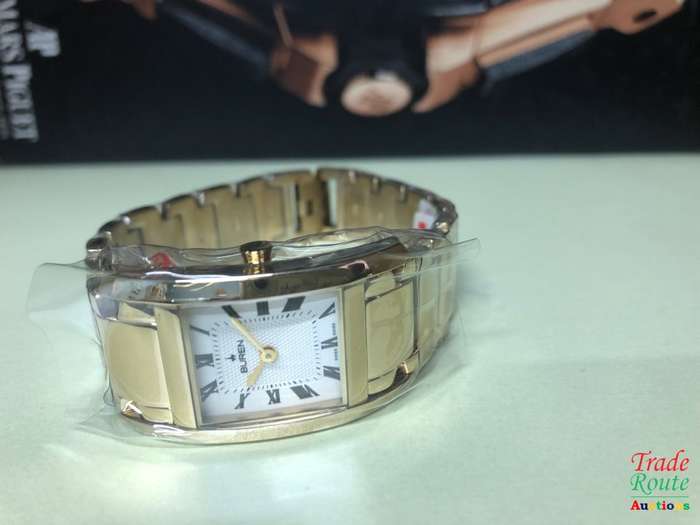 BUREN Gold Plated Ladies Watch - Rectangular Dial / White Face / Roman Markers