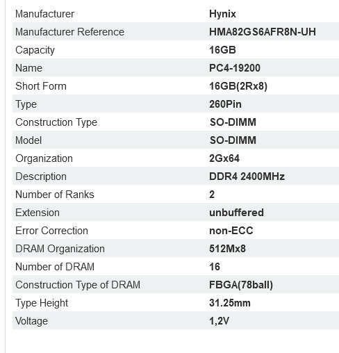 16GB DDR4 RAM for Laptops - Hynix HMA82GS6AFR8N-UH