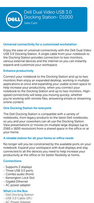 Dell D1000 Universal Dock USB 3.0 Full HD Dual Video Docking Station + Dell 45W Power Adapter