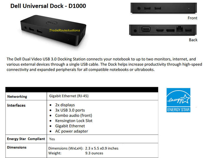 Dell D1000 Universal Dock USB 3.0 Full HD Dual Video Docking Station + Dell 45W Power Adapter