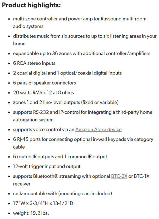 Russound MCA-66 6 Channel Controller Multi Zone Amplifier Multi-zone controller
