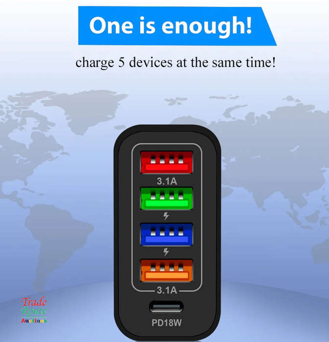 USB C Wall Charger 48W 5 Ports USB Fast Charging USB-C Charger TYPE-C Charger 4xUSB + 1xPD18W