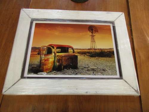 BEAUTIFUL FRAMED PHOTOGRAPH OF A CAR SHELL AND WINDMILL