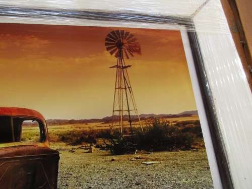 BEAUTIFUL FRAMED PHOTOGRAPH OF A CAR SHELL AND WINDMILL