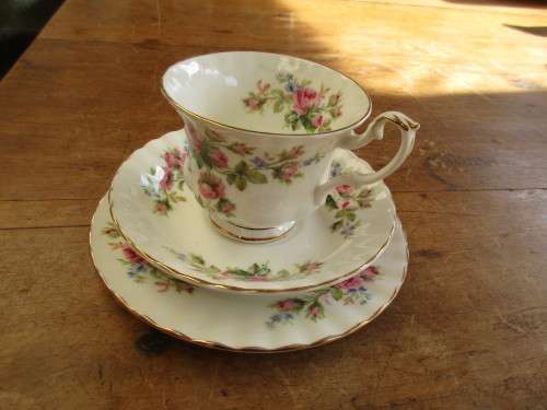 ROYAL ALBERT  TRIO CUP SAUCER AND SIDE PLATE MOSS ROSE
