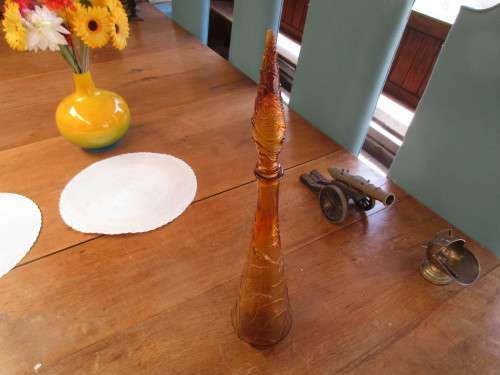 BEAUTIFUL 1970`s AMBER BATHROOM  SALTS BOTTLE WITH SPIRE TOP