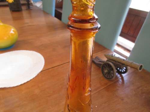 BEAUTIFUL 1970`s AMBER BATHROOM  SALTS BOTTLE WITH SPIRE TOP