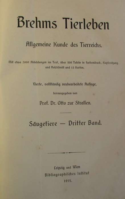 BREHMS TIERLEBEN VOL 3 FIRST EDITION 1915