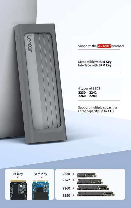 Lexar M2 SSD Case + USB Cable High Speed 10Gbps E300 M.2 NVMe Type-C Hard Drive Enclosure Adaptador