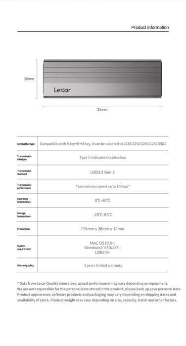 Lexar M2 SSD Case + USB Cable High Speed 10Gbps E300 M.2 NVMe Type-C Hard Drive Enclosure Adaptador
