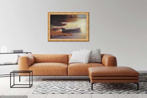boats on river oil painting