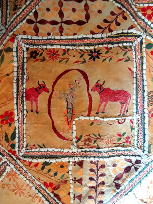 antique indian (jaipur) hand embroidered wall hanging / throw
