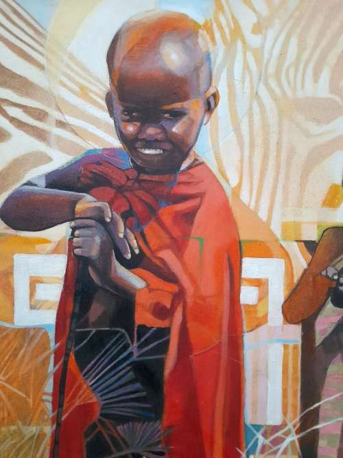 peter botha - zebra + maasai children oil painting
