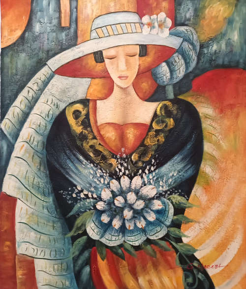 portrait of a lady with flowers oil painting