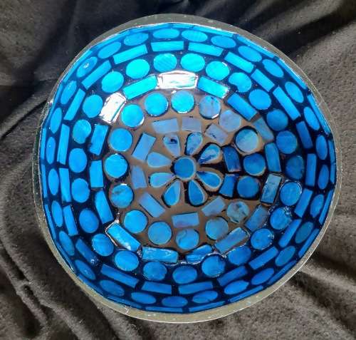 Handmade Mosaic Coconut Bowl - Blue and Black