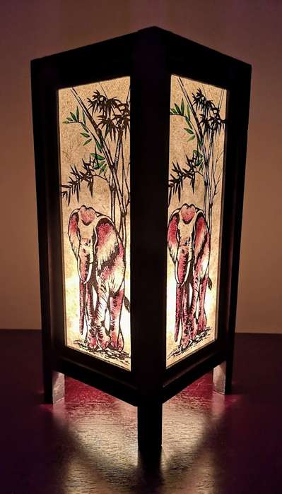 Handmade Vintage Style Thai Lamp with Elephant under Tree Design - Cream