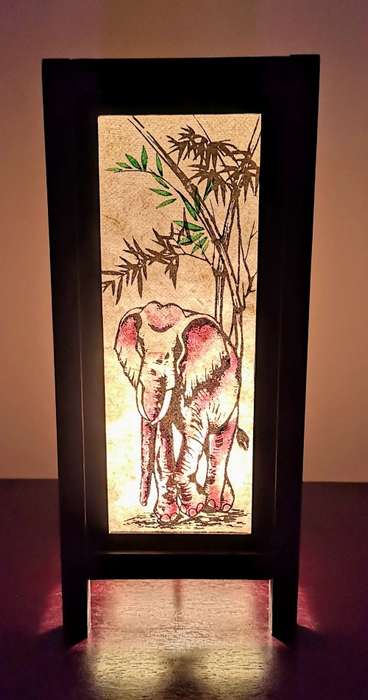 Handmade Vintage Style Thai Lamp with Elephant under Tree Design - Cream