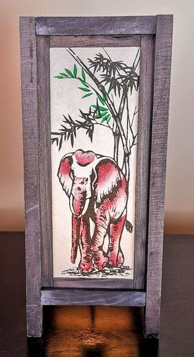 Handmade Vintage Style Thai Lamp with Elephant under Tree Design - Cream