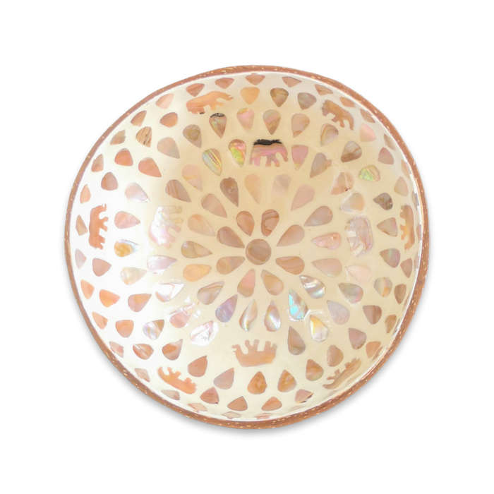 Handmade Mosaic Coconut Bowl - Peach with Elephant and Tear Drop Pattern