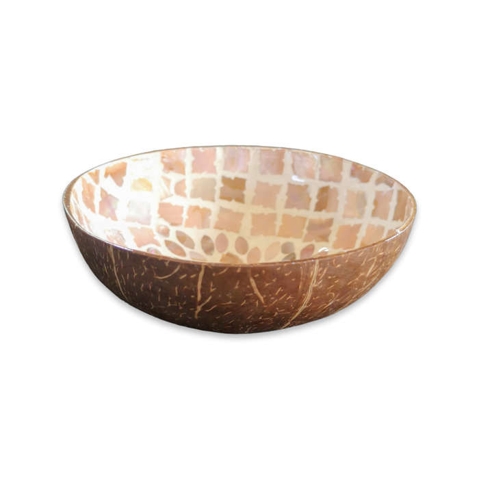Handmade Mosaic Coconut Bowl - Peach with Flower Pattern