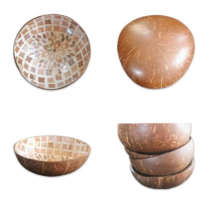 Handmade Mosaic Coconut Bowl - Peach with Flower Pattern