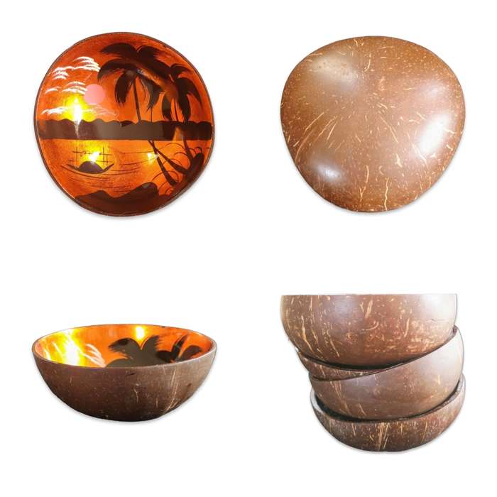 Handmade Painted Coconut Bowl - Orange and Black with Sunset and Palm Trees