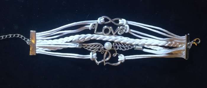 Love , Infinity , Angel Wings , Heart Vegan Leather & Wax String Multilayer Charm Bracelet - White
