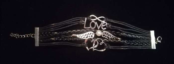 Love , Infinity , Angel Wings , Heart Vegan Leather & Wax String Multilayer Charm Bracelet - Black