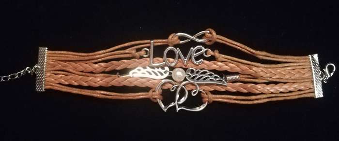 Love , Infinity , Angel Wings , Heart Vegan Leather & Wax String Multilayer Charm Bracelet - Tan